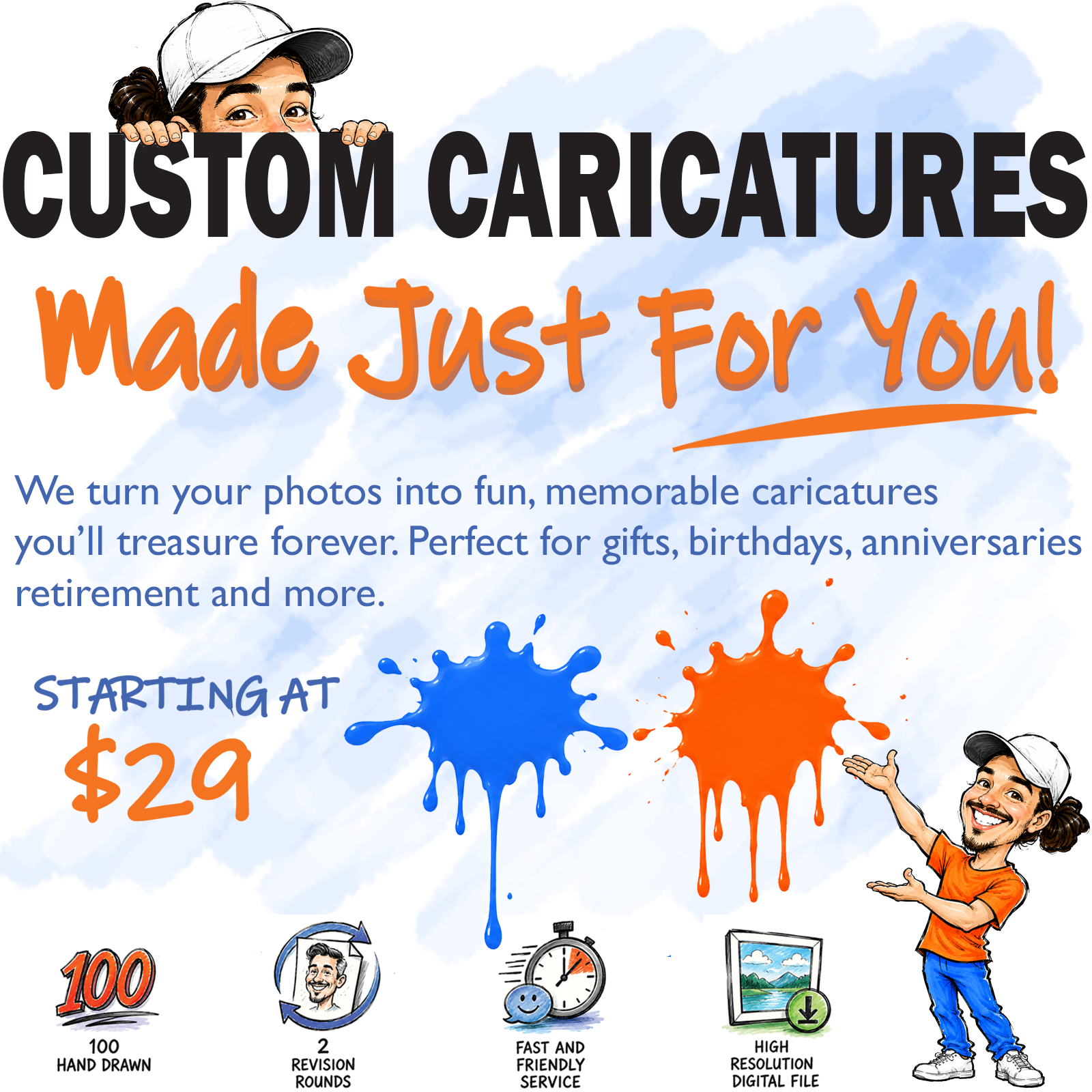 Custom hand-drawn caricature created from a customer photo